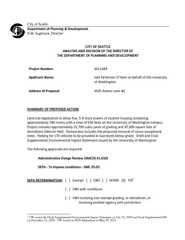 City of Seattle Analysis and Decision of the Director of the Department of Planning and Development at 3925 Adams Lane NE