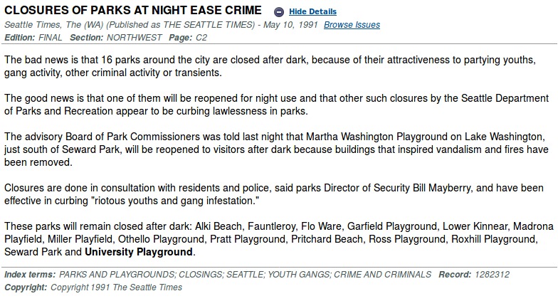 Closure of Parks at Night Ease Crime