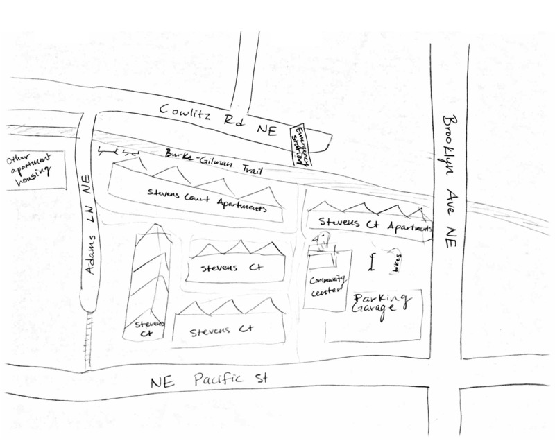 Hand drawn map of city block in the University District located between Adams Ln. NE, Cowlitz Rd. NE, Brooklyn Ave NE, and NE Pacific St.