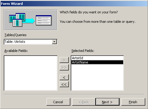 The tArtists table should be selected and the ArtistId and ArtistName fields chosen.