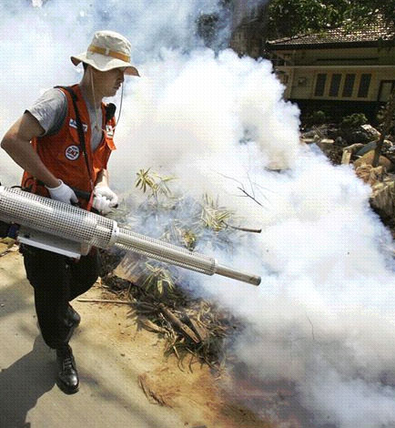 A rescue worker in Sri Lanka sprays anti-mosquito  chemicals on building rubble.  Image credit: Rueters