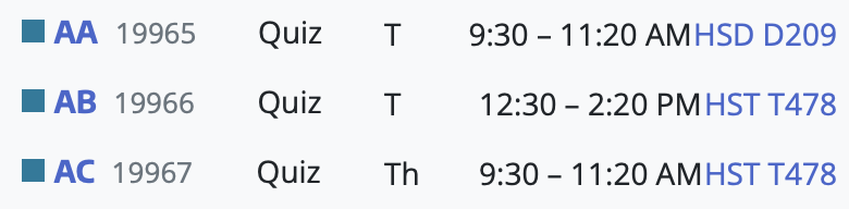 screenshot of quiz section times