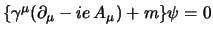 $
\{\gamma^\mu (\partial_\mu - i e   A_\mu) + m \} \psi = 0
$