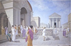 Image: Reconstruction painting of Roman people in the Temple courtyard by John Ronayne 