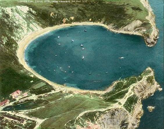 Old aerial view of Lulworth Cove, Dorset, modified and recoloured. Copyright