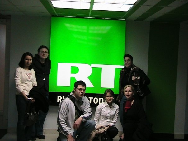 Spring 2008 Moscow Trip::Russia Today television offices::Pictured (from left): Rachel DeForrest, Diana Kulchitskaya, Daniel Nash, Valentina Matrenkina, Meagan Murphy Ross, Chris Demaske