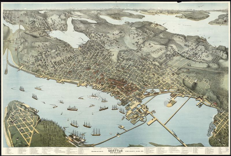 Birds-eye-view of Seattle and environs King County, Wash., 1891.<br />
